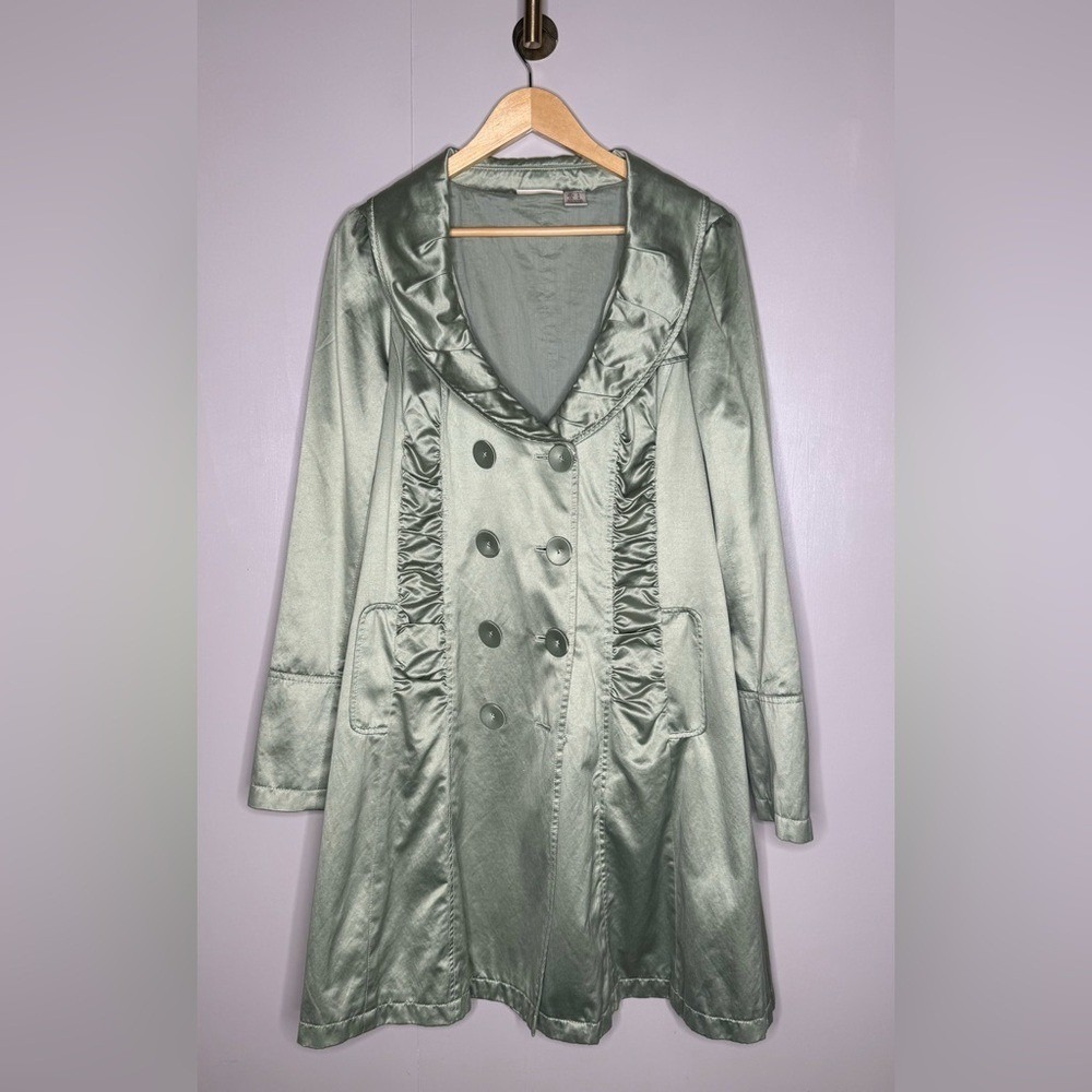 DKNY Jeans Satin Trench Coat Sage Green Double Breasted Women's L - Picture 2 of 9